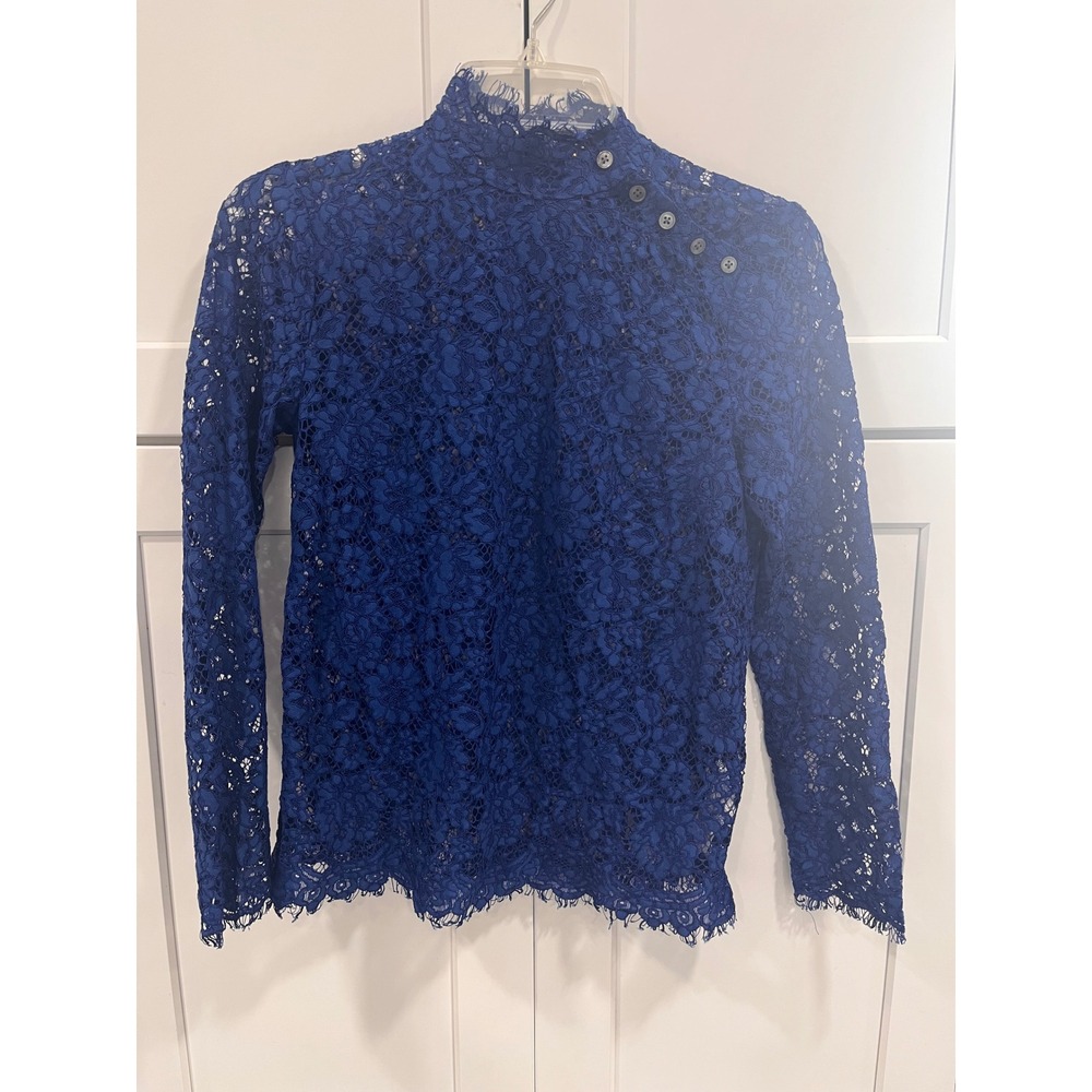 Royal Blue Floral Lace Mock Neck Long Sleeve Top with Shoulder Buttons